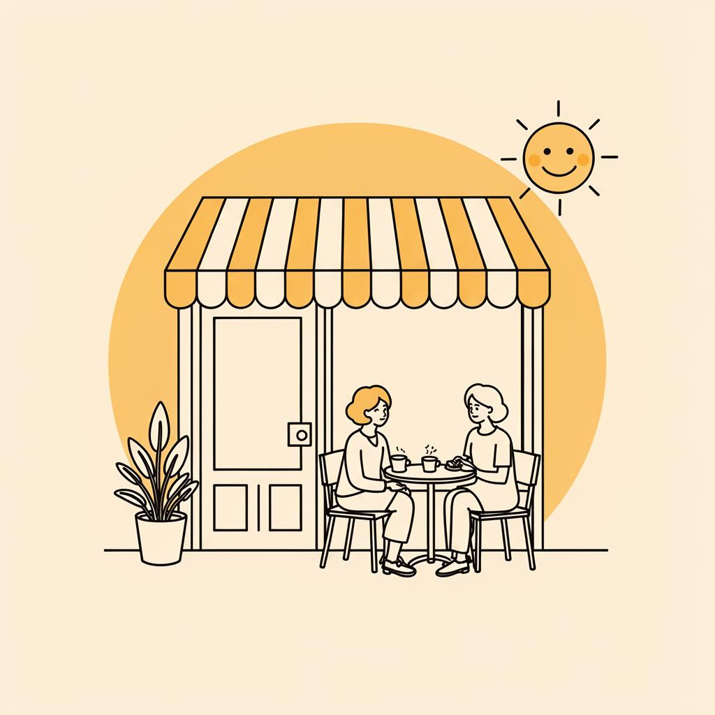 Lineare Illustration eines kleinen Cafés mit Menschen und Sonne
